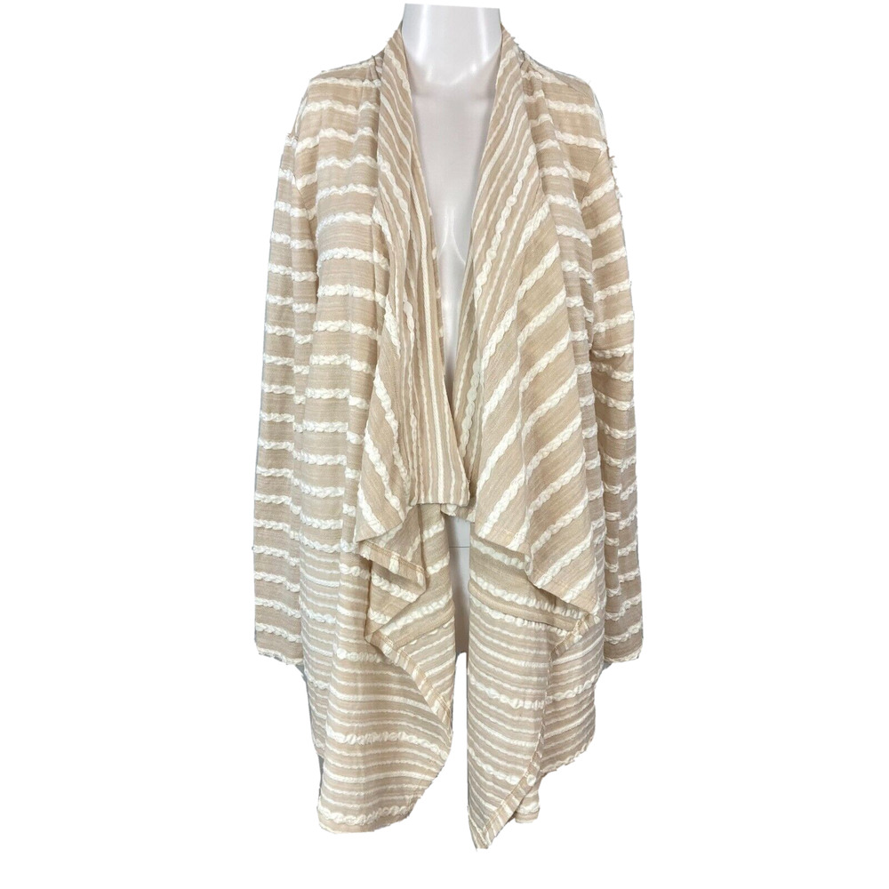 Chicos Cardigan Womens 2 US L Beige White Striped Cotton‎ Open Ruffle Textured